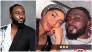 Side-by-side collage showing BBNaija star Pere Egbi in a studio portrait on the left, and on the right a selfie of Pere lying on a bed beside an unidentified woman who is smiling at the camera.”