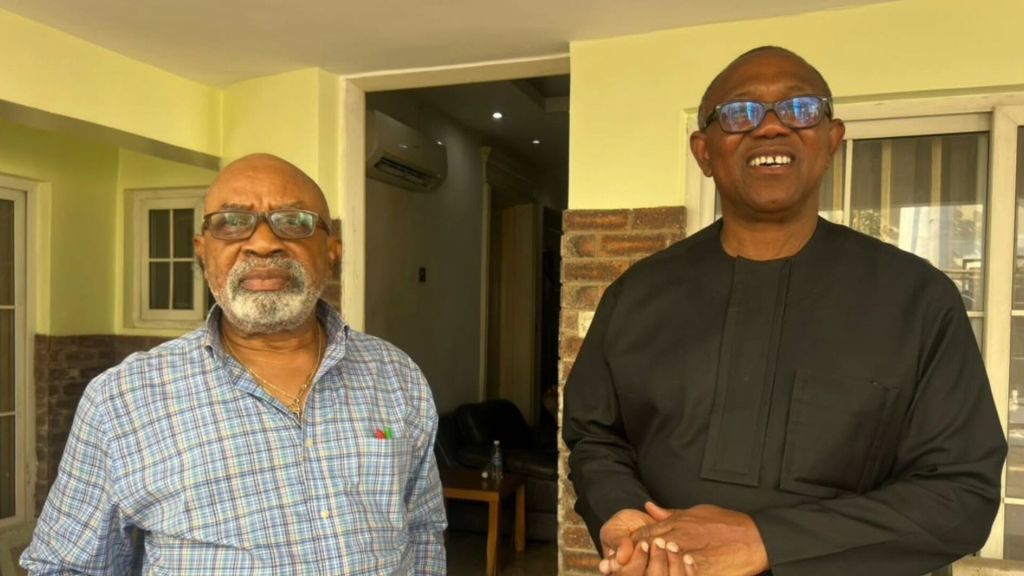 Peter Obi stands beside Chris Ngige as they pose for a photo outside a house, with Ngige wearing a checked shirt and Obi dressed in a black outfit.