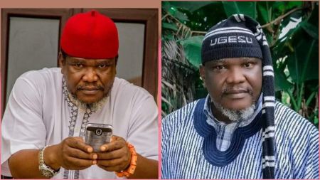 Nigerian filmmaker Ugezu J. Ugezu seen in two photos — one wearing a red traditional cap and white attire, the other in striped native wear with a matching cap bearing his name.