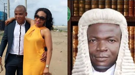 A split image showing Nnamdi Kanu and his wife posing together on the left, and Judge James Omotosho in his judicial wig and robe on the right.