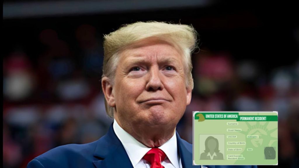 “Photo of former U.S. President Donald Trump in a navy suit and red tie, looking upward with a neutral expression, with a small illustration of a U.S. permanent resident green card placed in the lower right corner.”