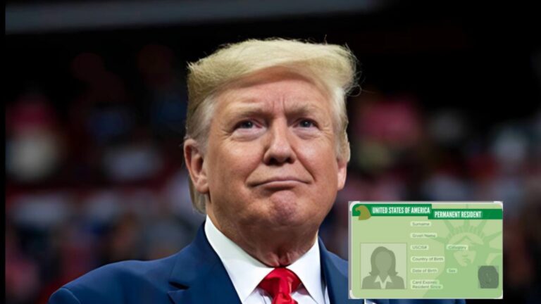 “Photo of former U.S. President Donald Trump in a navy suit and red tie, looking upward with a neutral expression, with a small illustration of a U.S. permanent resident green card placed in the lower right corner.”
