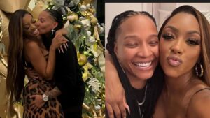 Porsha Williams embraces Patrice “Sway” McKinney beside a gold-decorated Christmas tree in one photo, while the second photo shows the couple smiling in a close-up selfie.