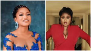 Side-by-side photos of BBNaija star Phyna wearing a blue embellished gown and earrings, and young content creator Imisi dressed in a bold red outfit, posing indoors.