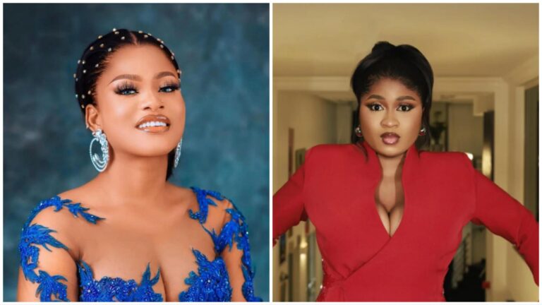 Side-by-side photos of BBNaija star Phyna wearing a blue embellished gown and earrings, and young content creator Imisi dressed in a bold red outfit, posing indoors.