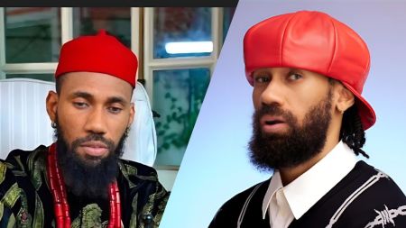Side-by-side photos of Nigerian rapper Phyno. The left image shows him wearing a traditional red Igbo cap with beaded accessories and patterned attire, looking down with a calm expression. The right image shows him in a modern outfit with a red leather beret, white shirt and black sweater, looking toward the camera.