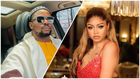 Side-by-side collage showing movie producer Stanleyontop in a car wearing sunglasses and Regina Daniels in a red sequin dress posing indoors.