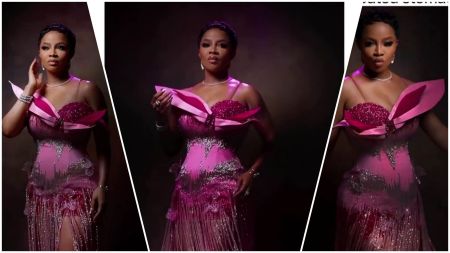 Three side-by-side photos of Nigerian media personality Toke Makinwa wearing a fitted pink beaded gown with floral and crystal details, posing against a dark studio background.