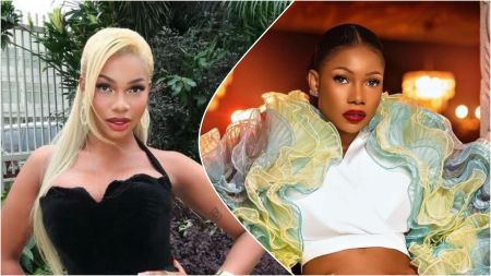 Side-by-side collage showing Tacha in two different outfits. On the left, she has long blonde hair and wears a black strapless dress while posing outdoors. On the right, she wears a white top with colourful ruffled sleeves and has her hair slicked back, posing in an indoor, warmly lit setting.