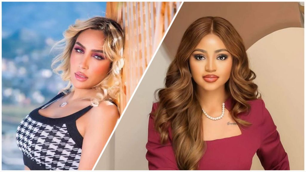 A split image showing Laila Charani on the left wearing a black-and-white patterned top with blonde curls, and Regina Daniels on the right wearing a burgundy outfit with styled brown hair and pearl necklace.