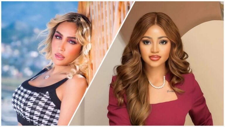 A split image showing Laila Charani on the left wearing a black-and-white patterned top with blonde curls, and Regina Daniels on the right wearing a burgundy outfit with styled brown hair and pearl necklace.