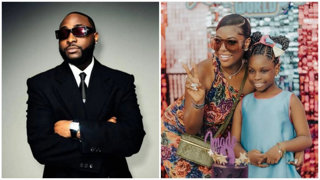 Side-by-side photo collage showing Nigerian singer Davido in a black suit and sunglasses on the left, and on the right, Sophia Momodu posing with their daughter Imade at a colourful event backdrop.