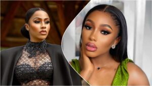 Two portrait photos of Mercy Eke placed side by side; the left image shows her in a black lace outfit with a sleek low bun, while the right image shows her in a green outfit with straight hair, soft glam makeup and a hand resting on her face.