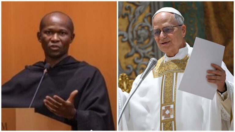 Side-by-side photo showing Fr. Edward Daniang Daleng speaking at a podium on the left, and Pope Leo XIV dressed in liturgical vestments while addressing an audience on the right.