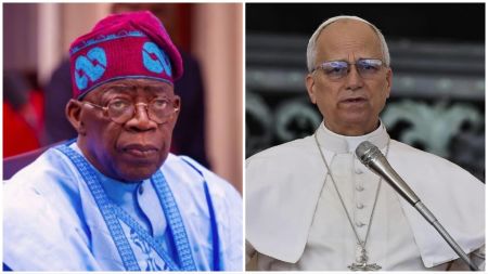 A split image featuring Nigerian President Bola Ahmed Tinubu on the left, wearing a blue agbada and a matching cap with glasses, and Pope Leo XIV on the right, dressed in white papal attire with a microphone in front of him.