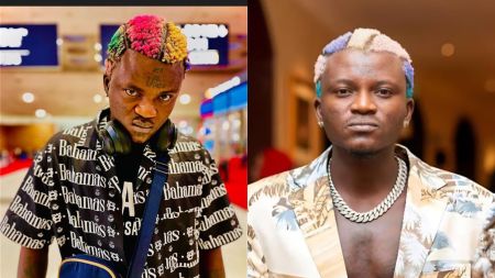 Side-by-side photos of Nigerian singer Portable, showing him with colourful dyed hair in two different outfits; one casual with headphones around his neck, and the other in a patterned jacket with a chain necklace