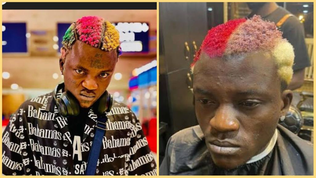 Nigerian singer Portable with brightly dyed multicoloured hair in two different photos, showing a close-up of his face and hairstyle