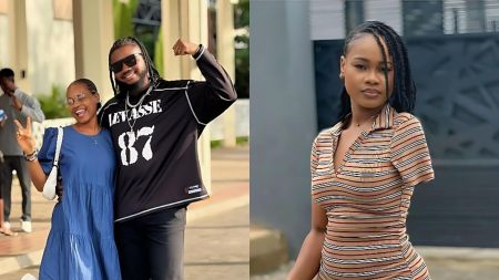 BBNaija star Praise Nelson poses cheerfully with his sister Favour Nelson; a separate photo shows Favour in a striped dress.