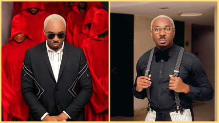 Pretty Mike in a black suit and sunglasses standing before people in red hooded robes, alongside a second image of him indoors wearing a black shirt, suspenders, and glasses while facing the camera.