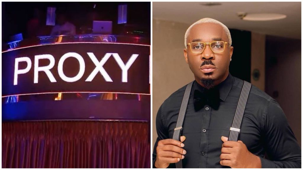 Side-by-side collage showing the illuminated “PROXY” nightclub sign on the left and Nigerian socialite Pretty Mike of Lagos wearing glasses and a black shirt with suspenders on the right.