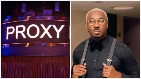 Side-by-side collage showing the illuminated “PROXY” nightclub sign on the left and Nigerian socialite Pretty Mike of Lagos wearing glasses and a black shirt with suspenders on the right.