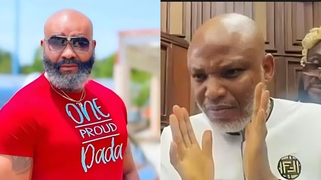 Side-by-side photos showing Nigerian actor Prince Eke wearing a red T-shirt and sunglasses on the left, and Nnamdi Kanu in a white outfit gesturing with his hands inside a courtroom setting on the right.