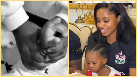 Left frame shows a close-up of a toddler’s hand gently holding a newborn’s tiny fingers. Right frame shows Priscilla Ojo smiling while seated, with young Liam Aloba on her lap looking down at a tablet.