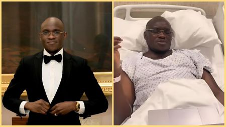 Side-by-side photos of Pastor Tobi Adegboyega — one showing him dressed in a black tuxedo, and the other showing him in a hospital bed wearing a patient gown after surgery.