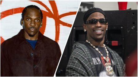 Side-by-side photo of rappers Pusha T and Travis Scott, with Pusha T wearing a dark jacket in front of a white wall with red graffiti, and Travis Scott smiling in a plaid shirt and large chain necklace.