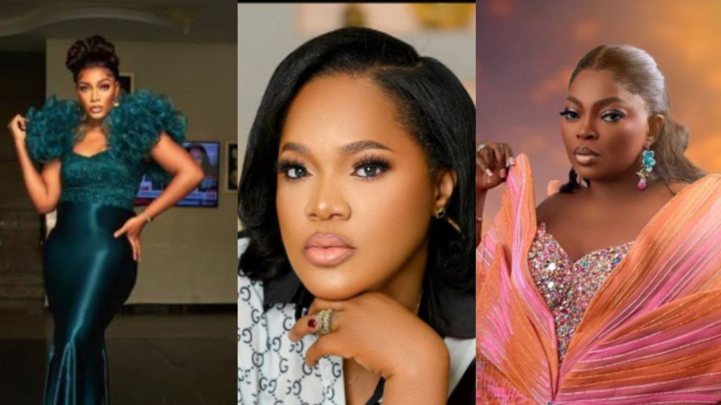 A collage featuring three Nigerian actresses. On the left is Queen Nwokoye in a teal gown with ruffled sleeves, posing confidently with one hand on her hip. In the center is Toyin Abraham in a close-up portrait with styled black hair and soft glam makeup. On the right is Funke Akindele wearing a colourful structured gown adorned with jewels, posing against a warm gradient background