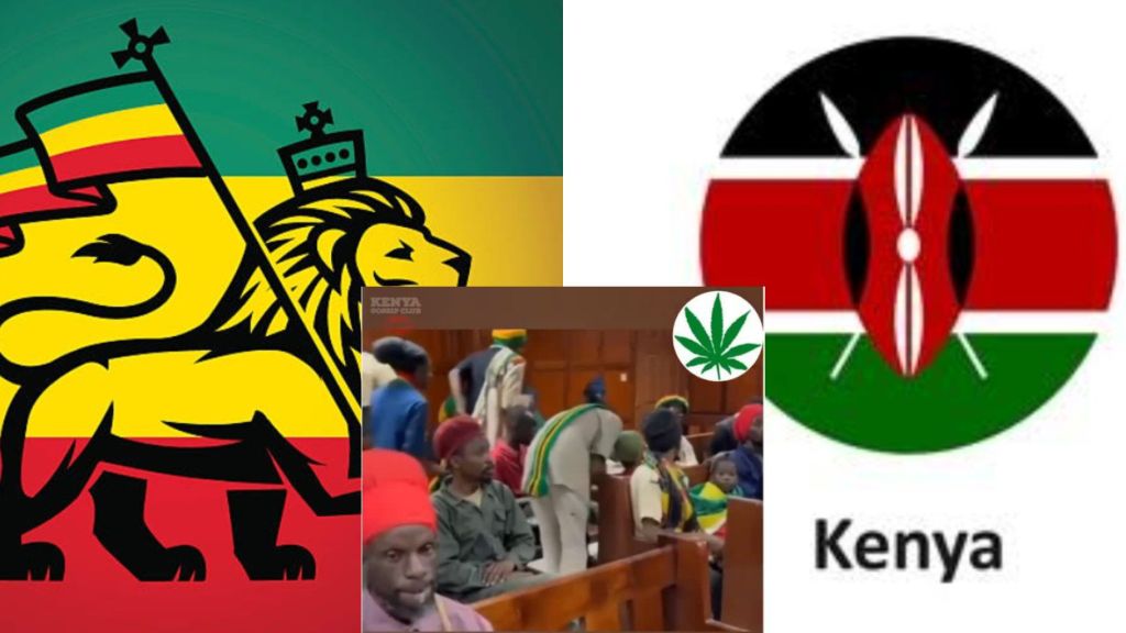 A group of Rastafarians wearing red, yellow, and green colours sit inside a Kenyan courtroom, with a graphic of the Rastafarian lion flag on the left and the Kenya flag symbol on the right.
