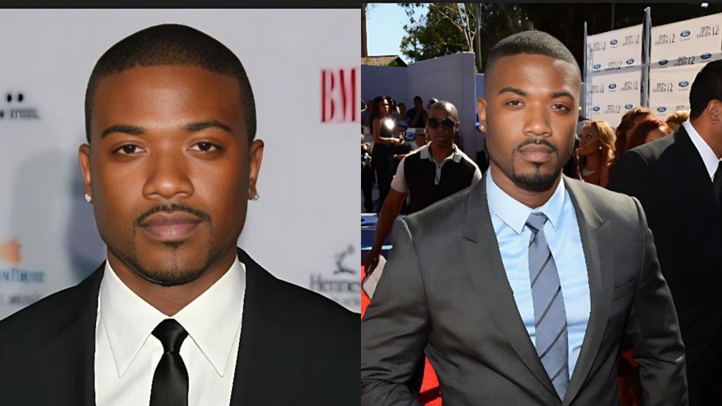 Side-by-side photos of Ray J wearing formal suits at two different red-carpet events, looking directly at the camera.