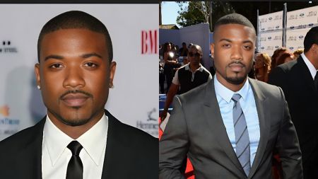 Side-by-side photos of Ray J wearing formal suits at two different red-carpet events, looking directly at the camera.