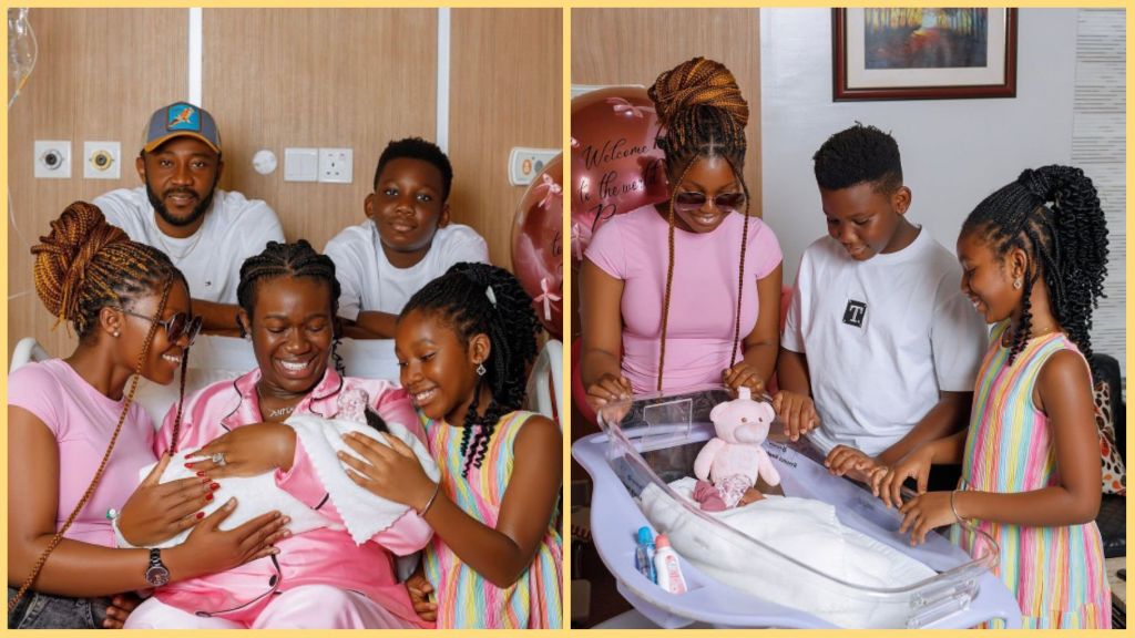 Collage of two photos showing comedian Real Warri Pikin in a hospital room with her husband and three children as they welcome a newborn baby. In the first photo, she sits on a hospital bed smiling while holding the baby, surrounded by her family. In the second photo, her older children and a woman stand around the newborn in a hospital bassinet with a pink teddy bear.