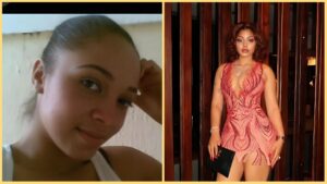 Side-by-side photo collage showing a close-up of Flora Okeke with natural look on the left, and a full-length photo of Regina Daniels in a pink fitted dress on the right.