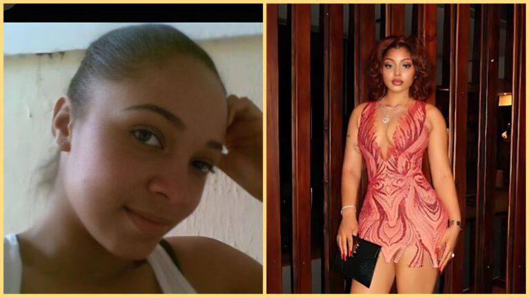 Side-by-side photo collage showing a close-up of Flora Okeke with natural look on the left, and a full-length photo of Regina Daniels in a pink fitted dress on the right.