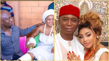 Side-by-side photos of Regina Daniels and her husband, Ned Nwoko — one from their traditional wedding ceremony and another showing the couple dressed elegantly in coordinated white and red outfits.