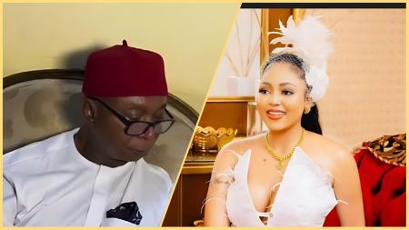 Side-by-side photo of Ned Nwoko wearing a red cap and glasses on the left, and Regina Daniels dressed in a white outfit with a feathered headpiece, smiling, on the right.