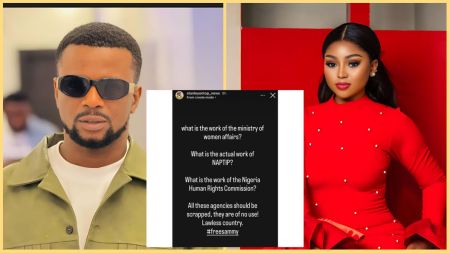 Side-by-side collage showing filmmaker Stanley Ajemba on the left wearing sunglasses and a green jacket, a screenshot of his Instagram story in the centre questioning Nigerian agencies, and actress Regina Daniels on the right dressed in a bright red outfit.