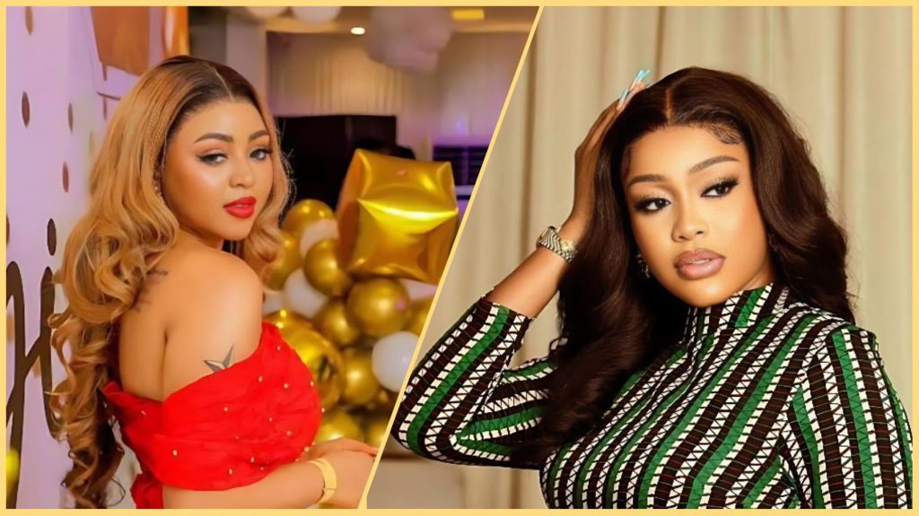 Side-by-side image showing Nigerian actresses Regina Daniels in a red off-shoulder outfit and Uche Montana in a patterned green and black dress.