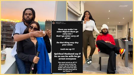 Side-by-side collage showing Regina Daniels’ brother Sweezy in two different photos with Regina, plus a screenshot of his Instagram Story where he vows not to fear arrest. In the first photo, he stands behind Regina on a rooftop at sunset holding a drink. In the second, Regina stands beside him indoors while he sits on a chair. The Instagram Story text is centred between both photos with his defiant message in pidgin.