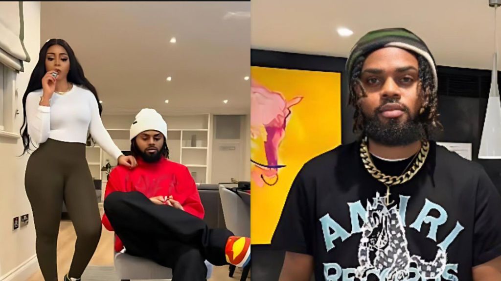 Side-by-side photos of Regina Daniels’ brother Sweezy; on the left he sits indoors while a woman stands beside him, and on the right he faces the camera wearing a black Amiri shirt and a gold chain.