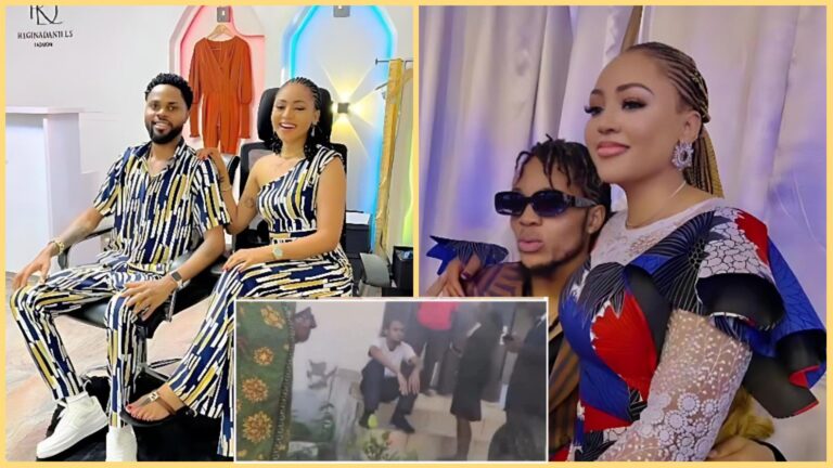A collage showing Regina Daniels with her brothers in different settings: on the left, she sits beside a man in matching patterned outfits inside a fashion studio; on the right, she poses with another brother wearing sunglasses; at the bottom, a small inset shows a man in handcuffs sitting outside a courthouse surrounded by people.