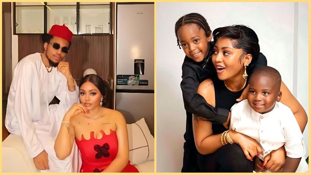 Side-by-side photos of Regina Daniels with her brother Sammy West on the left, and Regina smiling with her two young sons on the right.