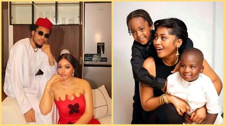 Side-by-side photos of Regina Daniels with her brother Sammy West on the left, and Regina smiling with her two young sons on the right.