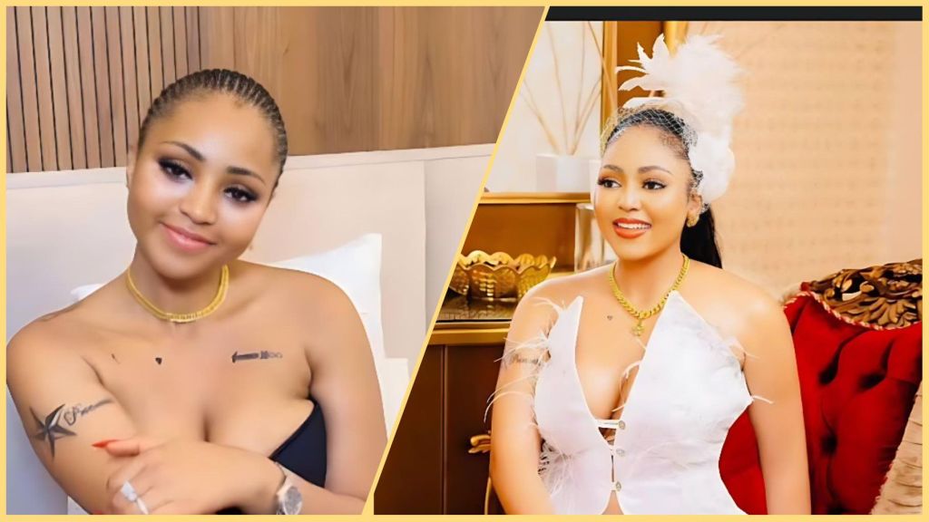 Side-by-side photos of Regina Daniels smiling; in the left image she is seated on a bed wearing a black strapless top, and in the right image she is dressed in a white outfit with a feathered headpiece, sitting on a red chair in a decorated room.