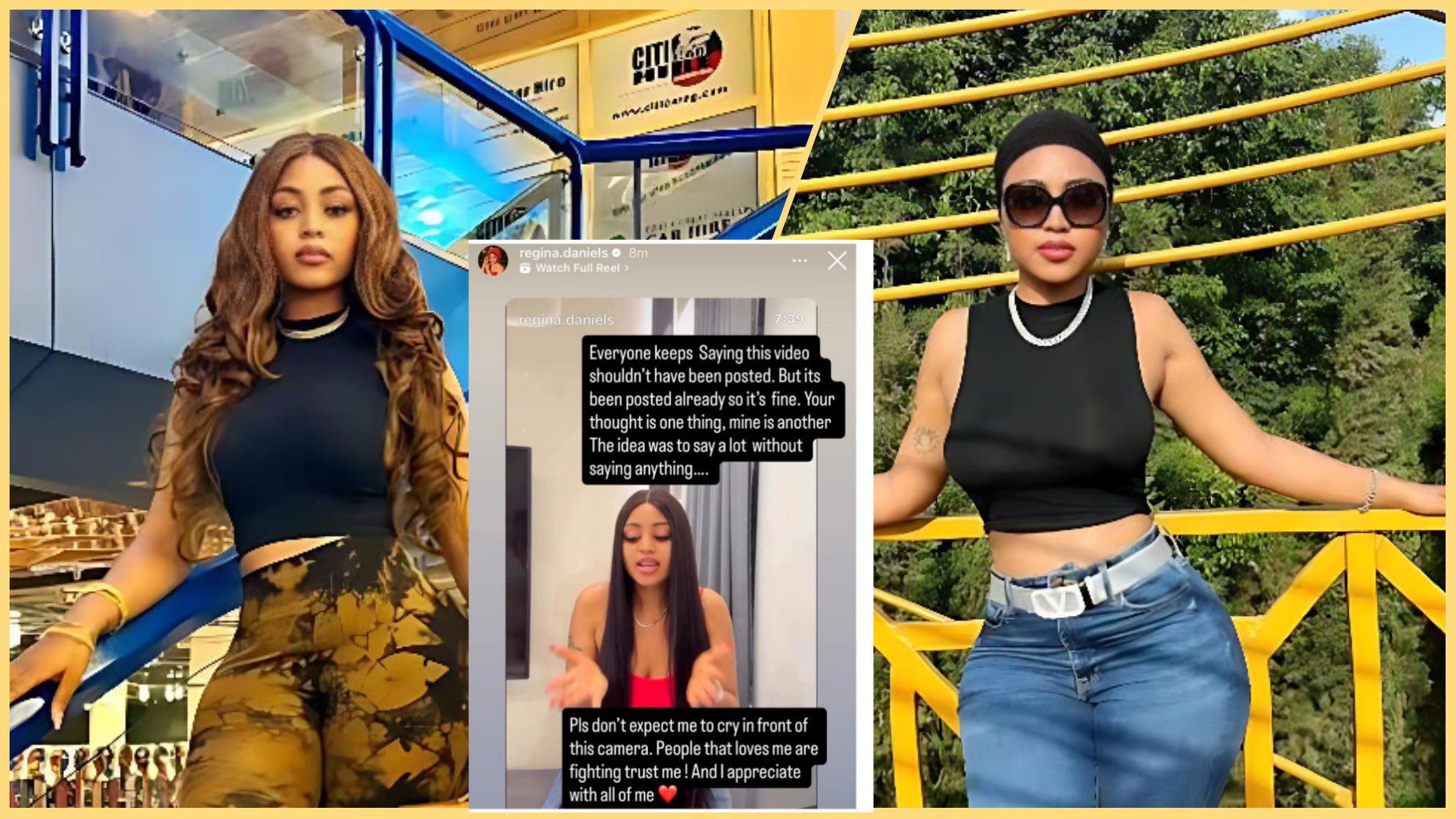 Collage showing Regina Daniels in two different outdoor outfits, with a screenshot of her Instagram Story statement placed in the centre.