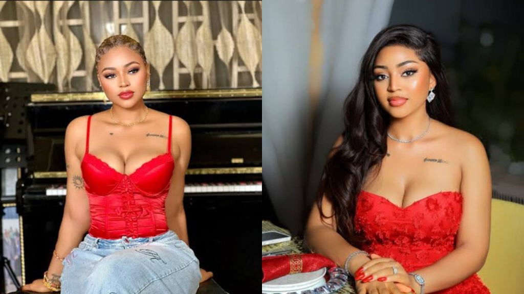 “Side-by-side photos of Regina Daniels wearing red outfits; in the left image she sits in front of a piano with short blonde hair, and in the right image she poses at a table with long dark hair and a red dress.”