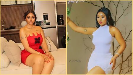 Side-by-side photos of Regina Daniels posing indoors, wearing a red mini dress in the left image and a white sleeveless mini dress in the right image.