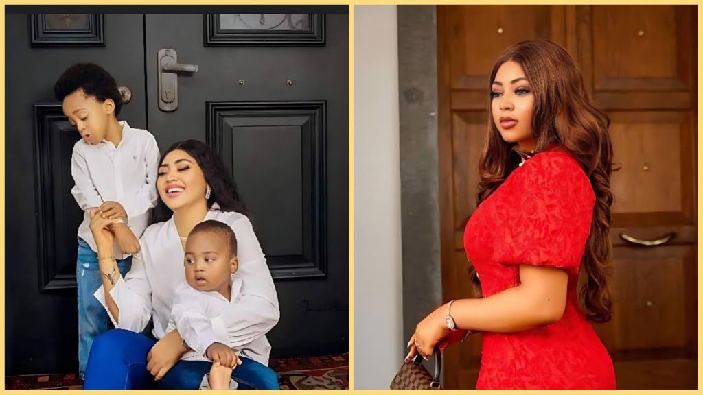 Left image shows Regina Daniels sitting on the floor by a black door, smiling while holding the hands of her two young sons dressed in white shirts. Right image shows Regina Daniels standing indoors in a fitted red dress, looking to the side while holding a handbag.